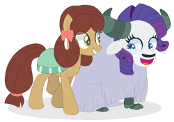Size: 613x429 | Tagged: safe, artist:californsaishi001, artist:selenaede, base used, character:rarity, character:yona, species:earth pony, species:pony, species:yak, episode:she's all yak, g4, my little pony: friendship is magic, duo, eye clipping through hair, female, ponified, pony yona, role reversal, smiling, species swap, yakified, yakity