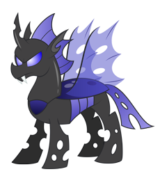 Size: 2000x2173 | Tagged: safe, artist:aleximusprime, oc, oc only, oc:general scutellum, oc:scutellum, species:changeling, blue changeling, bug horse, changeling oc, flurry heart's story, male, simple background, solo, teeth, transparent background, transparent wings, wings