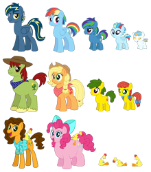 Size: 1920x2185 | Tagged: safe, artist:aleximusprime, character:applejack, character:boneless, character:pinkie pie, character:rainbow dash, character:tex (g1), oc, oc:annie smith, oc:apple chip, oc:lightning flash, oc:misty blitz, oc:storm streak, oc:thunderhead, parent:applejack, parent:oc:thunderhead, parent:rainbow dash, parent:tex, parents:canon x oc, parents:texjack, species:pony, g1, alternate hairstyle, baby, baby pony, bandana, big brother ponies, boneless 2, boneless 3, boneless 4, boneless 5, boneless 6, bow, canon x oc, chubby, clothing, colt, concept, cowboy hat, different hairstyle, fat, female, filly, flurry heart's story, foal, future, g1 to g4, generation leap, group, haircut, hat, male, mare, offspring, older, older applejack, older cheese sandwich, older pinkie pie, older rainbow dash, plump, pudgy pie, ribbon, scarf, short hair, shorter hair, simple background, stallion, stetson, straight, texjack, transparent background, weird al yankovic