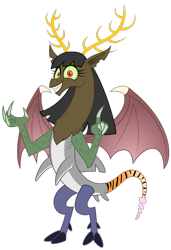 Size: 1920x2809 | Tagged: safe, artist:aleximusprime, oc, oc only, oc:eris, species:draconequus, antlers, bat wings, chaos, chaotic, cloven hooves, crazy face, draconequus oc, faec, female, flurry heart's story, oc villain, simple background, solo, symmetrical, transparent background, wings