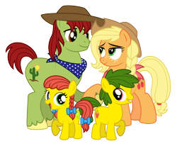 Size: 4438x3663 | Tagged: safe, artist:aleximusprime, character:applejack, character:tex (g1), oc, oc:annie smith, oc:apple chip, parent:applejack, parent:tex, parents:texjack, species:earth pony, species:pony, g1, alternate hairstyle, bandana, big brother ponies, clothing, colt, cowboy hat, family, female, filly, flurry heart's story, freckles, g1 to g4, generation leap, group, hat, male, offspring, older, older applejack, scarf, simple background, stetson, texjack, transparent background, twins