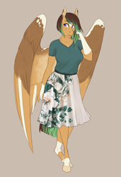 Size: 2161x3164 | Tagged: safe, artist:askbubblelee, oc, oc only, oc:kiwi breeze, species:anthro, species:pegasus, species:pony, species:unguligrade anthro, anthro oc, arm freckles, clothing, digital art, ear piercing, female, freckles, leg freckles, mare, neck freckles, piercing, simple background, skirt, smiling, solo, wing freckles