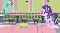 Size: 1920x1080 | Tagged: safe, artist:cloudyglow, artist:jerryakiraclassics19, artist:parclytaxel, character:rainbow dash, character:starlight glimmer, species:pegasus, species:pony, species:unicorn, cupcake, female, flying, food, frown, hoof over mouth, mare, scrunchy face, story in the source, worried