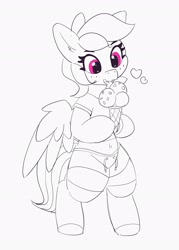 Size: 2440x3402 | Tagged: safe, artist:pabbley, character:rainbow dash, species:pegasus, species:pony, belly button, bipedal, clothing, cute, dashabetes, female, food, heart, high res, holding, ice cream, ice cream cone, licking, mare, midriff, monochrome, neo noir, open mouth, partial color, short shirt, shorts, simple background, smiling, solo, spread wings, tongue out, white background, wings
