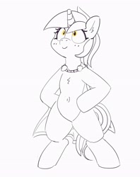 Size: 2786x3515 | Tagged: safe, artist:pabbley, character:lyra heartstrings, species:pony, species:unicorn, belly button, bipedal, cape, clothing, female, mare, monochrome, neo noir, partial color, shrunken pupils, simple background, smiling, solo, white background