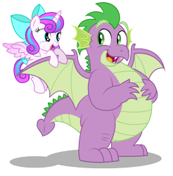Size: 3758x3825 | Tagged: safe, artist:aleximusprime, character:princess flurry heart, character:spike, species:dragon, adult, adult spike, belly, bow, chubby, duo, fat, fat spike, filly, filly flurry heart, floating eyebrows, flurry heart's story, future flurry heart, future spike, hanging, looking at each other, no cutie marks yet, older, older flurry heart, older spike, plump, simple background, spike day, transparent background, winged spike