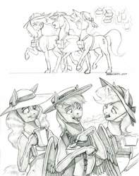 Size: 1100x1396 | Tagged: safe, artist:baron engel, oc, oc:carousel, oc:petina, oc:sky brush, species:earth pony, species:pegasus, species:pony, species:unicorn, female, male, mare, monochrome, pencil drawing, stallion, story included, traditional art