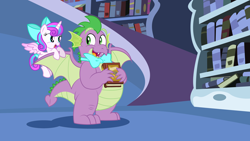 Size: 8000x4500 | Tagged: safe, artist:aleximusprime, artist:disneymarvel96, artist:parclytaxel, character:princess flurry heart, character:spike, species:alicorn, species:dragon, species:pony, absurd resolution, book, bookshelf, bow tie, fat, fat spike, female, filly, filly flurry heart, flying, library, looking at each other, male, older, older spike, winged spike