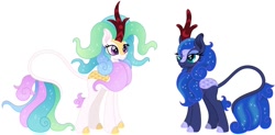 Size: 1104x544 | Tagged: safe, artist:cloudyglow, editor:thomasfan45, character:princess celestia, character:princess luna, species:kirin, cute, cutelestia, digital art, duo, duo female, female, kirin-ified, lunabetes, siblings, simple background, sisters, smiling, species swap, vector, white background