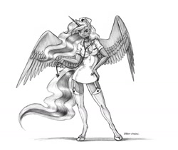Size: 1400x1181 | Tagged: safe, artist:baron engel, character:princess luna, species:alicorn, species:anthro, species:pony, species:unguligrade anthro, g4, breasts, busty princess luna, cleavage, clothing, digital art, female, garters, grayscale, mare, monochrome, nurse, nurse outfit, pencil drawing, sketch, smiling, solo, stethoscope, stockings, thigh highs, traditional art