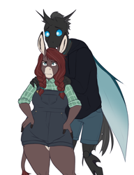 Size: 1958x2550 | Tagged: safe, artist:askbubblelee, oc, oc:maple, species:anthro, species:changeling, species:donkey, species:unguligrade anthro, anthro oc, canon x oc, clothing, digital art, donkey oc, female, kevin (changeling), male, overalls, protecting, simple background, straight
