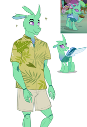 Size: 1751x2550 | Tagged: safe, artist:askbubblelee, species:anthro, species:changeling, species:reformed changeling, clothing, digital art, kevin (changeling), male, no tail, shirt, shorts, simple background, smiling, solo, soupling