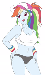 Size: 1329x2204 | Tagged: safe, artist:sumin6301, character:rainbow dash, my little pony:equestria girls, alternate hairstyle, armpits, belly button, breasts, busty rainbow dash, cap, clothing, female, hand on hip, hat, open mouth, sexy, simple background, solo, sports bra, sports panties, stupid sexy rainbow dash, white background, wristband