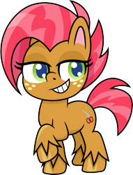 Size: 1148x1500 | Tagged: safe, artist:cloudyglow, character:babs seed, species:earth pony, species:pony, my little pony:pony life, female, filly, freckles, lidded eyes, raised hoof, simple background, smiling, solo, transparent background
