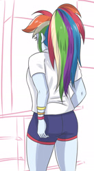 Size: 1232x2241 | Tagged: safe, artist:sumin6301, character:rainbow dash, my little pony:equestria girls, away from viewer, butt, clothing, female, gym shorts, legs, rainbutt dash, shorts, simple background, solo, white background