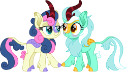 Size: 1500x854 | Tagged: safe, artist:cloudyglow, character:bon bon, character:lyra heartstrings, character:sweetie drops, species:kirin, ship:lyrabon, adorabon, bedroom eyes, blushing, cute, duo, female, heart eyes, kirin-ified, lesbian, looking at each other, lyrabetes, shipping, simple background, species swap, touching, transparent background, wingding eyes