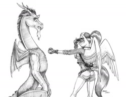 Size: 1400x1087 | Tagged: safe, artist:baron engel, character:discord, character:fluttershy, species:anthro, species:draconequus, species:pegasus, species:pony, ass, butt, cap, clothing, crossover, dock, duo, female, fingerless gloves, gloves, grayscale, hat, male, mare, monochrome, pencil drawing, pokéball, pokémon, shorts, simple background, story included, traditional art, white background