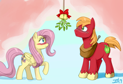 Size: 1300x889 | Tagged: safe, artist:johnjoseco, edit, character:big mcintosh, character:fluttershy, species:earth pony, species:pegasus, species:pony, ship:fluttermac, blushing, christmas, color edit, colored, female, holiday, male, mare, mistletoe, raised hoof, shipping, sketch, stallion, straight