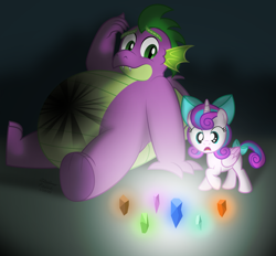 Size: 4793x4440 | Tagged: safe, artist:aleximusprime, character:princess flurry heart, character:spike, adult, adult spike, belly, bow, burn marks, chubby, crystal, duo, element of generosity, element of honesty, element of kindness, element of laughter, element of loyalty, element of magic, elements of harmony, fat, fat spike, filly, filly flurry heart, flurry heart's story, gem, glow, grownup spike, injured, older, older spike, plump, shards, surprised, teaser art