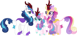 Size: 1600x742 | Tagged: safe, artist:cloudyglow, character:princess cadance, character:princess flurry heart, character:shining armor, species:kirin, g4, cute, cutedance, family, father and child, father and daughter, female, flurrybetes, kirin-ified, male, mother and child, mother and daughter, older, older flurry heart, shining adorable, simple background, smiling, species swap, transparent background, trio