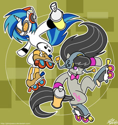 Size: 850x899 | Tagged: safe, artist:johnjoseco, character:dj pon-3, character:octavia melody, character:vinyl scratch, crossover, jet set radio, roller skates, spray paint