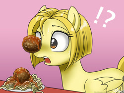 Size: 1000x750 | Tagged: safe, artist:johnjoseco, oc, oc only, species:pegasus, species:pony, anneli heed, meatball, pasta, ponified, solo, spaghetti