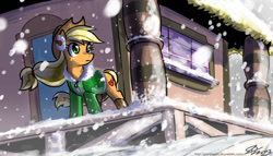 Size: 1300x743 | Tagged: safe, artist:johnjoseco, character:applejack, species:pony, boots, clothing, coat, earmuffs, female, mare, shoes, snow, snowfall, solo, train station, windswept mane, winter outfit