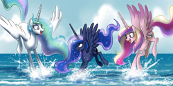 Size: 1700x850 | Tagged: safe, artist:johnjoseco, character:princess cadance, character:princess celestia, character:princess luna, species:alicorn, species:pony, alicorn triarchy, cute, cutedance, cutelestia, female, happy, lunabetes, mare, missing accessory, ocean, smiling, splashing, water