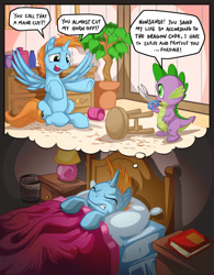 Size: 1100x1407 | Tagged: safe, artist:mysticalpha, character:spike, oc, oc:harmony star, species:alicorn, species:dragon, species:pony, episode:spike at your service, g4, my little pony: friendship is magic, alicorn oc, bed, book, haircut, male, nightmare, scissors, sweat, thought bubble