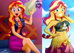 Size: 1429x1024 | Tagged: safe, artist:the-butch-x, edit, editor:thomasfan45, character:sunset shimmer, g4, my little pony: equestria girls, my little pony:equestria girls, adorasexy, bare shoulders, beautiful, belly button, bikini, bikini babe, blushing, breasts, busty sunset shimmer, butch's hello, clothing, cloud, couch, crepuscular rays, cute, equestria girls logo, female, geode of empathy, hand on hip, happy, hello x, jacket, legs, lens flare, magical geodes, midriff, open mouth, pose, poster, sarong, sexy, shimmerbetes, shirt, signature, sitting, skirt, sky, smiling, solo, summer sunset, sunset's apartment, sunshine, swimsuit, waving