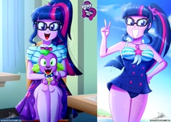 Size: 1429x1024 | Tagged: safe, artist:the-butch-x, edit, editor:thomasfan45, character:spike, character:spike (dog), character:twilight sparkle, character:twilight sparkle (scitwi), species:dog, species:eqg human, g4, my little pony: equestria girls, my little pony:equestria girls, adorasexy, adorkable, bare shoulders, beach, beautiful, breasts, busty sci-twi, butch's hello, canterlot high, chair, classroom, clothing, cloud, collar, cute, desk, dog collar, dork, duo, female, geode of telekinesis, glasses, grin, hand on hip, happy, hello x, legs, magical geodes, male, one-piece swimsuit, open mouth, peace sign, ponytail, pose, pretty, sexy, sitting, skirt, sky, smiling, striped swimsuit, swimsuit, thighs, tricolor swimsuit, twiabetes