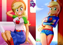 Size: 1429x1024 | Tagged: safe, artist:the-butch-x, edit, editor:thomasfan45, character:applejack, g4, my little pony: equestria girls, my little pony:equestria girls, applejack's hat, beach, beach babe, beautiful, belly button, belt, bikini, boots, breasts, busty applejack, butch's hello, clothing, cloud, cowboy hat, crossed legs, cute, denim skirt, equestria girls logo, farmhouse, female, freckles, geode of super strength, happy, hat, hello x, jackabetes, legs, looking at you, magical geodes, midriff, sexy, shirt, shoes, signature, sitting, skirt, sky, smiling, solo, steps, stetson, swimsuit