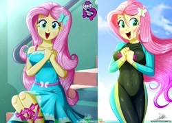 Size: 1429x1024 | Tagged: safe, artist:the-butch-x, edit, editor:thomasfan45, character:fluttershy, g4, my little pony: equestria girls, my little pony:equestria girls, adorasexy, barrette, beautiful, beautisexy, blushing, bow, breasts, busty fluttershy, butch's hello, clothing, cute, diving suit, dress, equestria girls logo, female, geode of fauna, hands together, happy, hello x, looking at you, magical geodes, open mouth, sexy, shyabetes, signature, sitting, smiling, solo, stairs, stupid sexy fluttershy, swimsuit, wetsuit