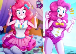 Size: 1429x1024 | Tagged: safe, artist:the-butch-x, edit, editor:thomasfan45, character:pinkie pie, g4, my little pony: equestria girls, my little pony:equestria girls, adorasexy, attached skirt, bare shoulders, beach ball, beautiful, bed, bow swimsuit, butch's hello, clothing, cloud, cute, cutie mark on clothes, description is relevant, diapinkes, equestria girls logo, female, frilled swimsuit, geode of sugar bombs, grin, happy, hello x, leggings, looking at you, magical geodes, ocean, open mouth, pantyhose, peace sign, pillow, pinkie's bedroom, sexy, signature, sitting, skirt, sky, smiling, solo, swimsuit, tank top, tricolor swimsuit, underass