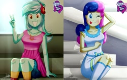 Size: 1624x1024 | Tagged: safe, artist:the-butch-x, edit, editor:thomasfan45, character:bon bon, character:lyra heartstrings, character:sweetie drops, ship:lyrabon, my little pony:equestria girls, ;p, adorabon, arm behind head, bleachers, blep, blouse, bow, breasts, butch's hello, clothing, couple, crepuscular rays, cute, description is relevant, dress, duo, equestria girls logo, female, happy, headband, hello x, jewelry, kneesocks, lesbian, lyrabetes, mlem, necklace, one eye closed, peace sign, question in description, sexy, shipping, signature, silly, sitting, smiling, socks, stairs, tongue out, wink