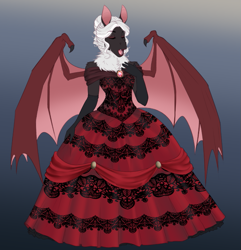 Size: 759x786 | Tagged: safe, artist:askbubblelee, oc, oc only, species:anthro, species:bat pony, species:pony, species:unguligrade anthro, abstract background, anthro oc, bat pony oc, beautiful, brooch, clothing, cute, digital art, dress, evening gloves, eyelashes, eyes closed, eyeshadow, fangs, female, gloves, gown, lipstick, long gloves, makeup, mare, neck fluff, ocbetes, open mouth, shoulder fluff, singing, solo
