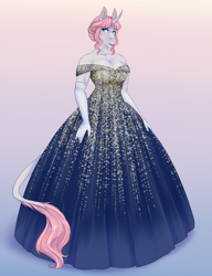 Size: 2376x3096 | Tagged: safe, artist:askbubblelee, oc, oc only, oc:rosie quartz, species:anthro, species:pony, species:unguligrade anthro, species:unicorn, anthro oc, barrette, beautiful, big breasts, blushing, breasts, cleavage, clothing, curved horn, digital art, dress, evening gloves, fancy, female, gloves, gown, gradient background, horn, leonine tail, lips, long gloves, mare, nervous, scar, solo, sweat