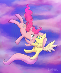 Size: 1000x1200 | Tagged: safe, artist:empyu, character:fluttershy, character:pinkie pie, species:earth pony, species:pegasus, species:pony, ship:flutterpie, falling, female, lesbian, shipping