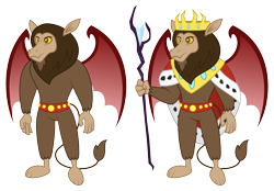 Size: 3776x2633 | Tagged: safe, artist:aleximusprime, character:scorpan, species:gargoyle, bat wings, belt, clothing, crown, flurry heart's story, headcanon, jewelry, king, king scorpan, male, older, older scorpan, regalia, royal cloak, simple background, solo, staff, staff of sacanas, transparent background, unclothed, wings