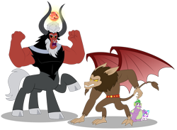 Size: 1045x764 | Tagged: safe, artist:aleximusprime, character:lord tirek, character:princess flurry heart, character:scorpan, character:spike, species:centaur, species:dragon, species:gargoyle, species:pony, adult, adult spike, bat wings, brothers, cloven hooves, facial hair, fat spike, fight, filly, filly flurry heart, flexing, flurry heart's story, goatee, gritted teeth, hiding, horns, magic, male, older, older spike, protecting, siblings, simple background, tirek vs scorpan, tirek's revenge, transparent background, winged spike, wings