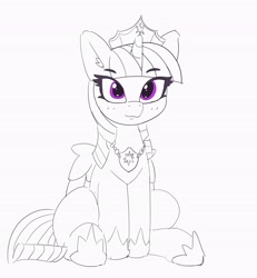 Size: 3782x4096 | Tagged: safe, artist:pabbley, character:twilight sparkle, character:twilight sparkle (alicorn), species:alicorn, species:pony, ear fluff, female, hoof shoes, jewelry, looking at you, mare, monochrome, neo noir, partial color, peytral, regalia, simple background, sitting, smiling, solo, white background