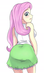 Size: 1309x2172 | Tagged: safe, artist:sumin6301, character:fluttershy, my little pony:equestria girls, ass, butt, clothing, female, flutterbutt, looking at you, looking back, looking back at you, miniskirt, simple background, skirt, solo, white background