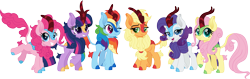 Size: 4103x1300 | Tagged: safe, artist:cloudyglow, character:applejack, character:fluttershy, character:pinkie pie, character:rainbow dash, character:rarity, character:twilight sparkle, species:kirin, ship:appledash, cute, dashabetes, diapinkes, female, high res, jackabetes, kirin-ified, lesbian, lidded eyes, looking at each other, looking at you, mane six, one eye closed, raribetes, shipping, shyabetes, simple background, smiling, smiling at you, species swap, transparent background, twiabetes, weapons-grade cute, wink