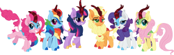 Size: 4419x1400 | Tagged: safe, alternate version, artist:cloudyglow, character:applejack, character:fluttershy, character:pinkie pie, character:rainbow dash, character:rarity, character:twilight sparkle, species:kirin, absurd resolution, cloudyglow is trying to murder us, cute, dashabetes, diapinkes, female, jackabetes, kirin-ified, lidded eyes, looking at you, mane six, one eye closed, raribetes, shipping, shyabetes, simple background, smiling, smiling at you, species swap, transparent background, twiabetes, weapons-grade cute, wink