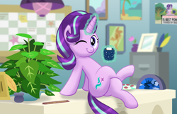Size: 1920x1243 | Tagged: safe, artist:aleximusprime, character:phyllis, character:starlight glimmer, species:pony, species:unicorn, g4, :i, best pony, change my mind, crossed hooves, crossed legs, crossing the memes, cute, cutie mark, empathy cocoa, female, food, glimmerbetes, glowing horn, horn, hot chocolate, i mean i see, inkwell, levitation, looking at you, magic, magic aura, mare, marshmallow, meme, nameplate, one eye closed, philodendron, plant, quill, smiling, solo, starlight's office, stupid sexy starlight glimmer, telekinesis, wink, winking at you