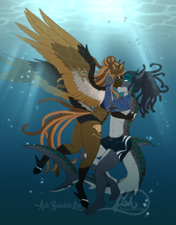 Size: 2775x3558 | Tagged: safe, artist:askbubblelee, oc, oc:island breeze, oc:rogue wave, species:anthro, species:pegasus, species:pony, species:unguligrade anthro, anthro oc, belly button, bikini, clothing, couple, digital art, embrace, female, hybrid, looking at each other, male, mare, midriff, oc x oc, original species, shark, shark pony, shipping, signature, smiling, stallion, straight, swimming trunks, swimsuit, tiger shark pony, underwater