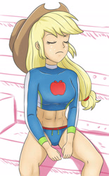 Size: 1405x2269 | Tagged: safe, artist:sumin6301, character:applejack, g4, my little pony: equestria girls, my little pony:equestria girls, abs, belly button, clothing, eyes closed, female, midriff, sitting, solo, swimsuit