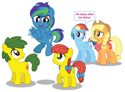 Size: 3000x2198 | Tagged: safe, artist:aleximusprime, character:applejack, character:rainbow dash, oc, oc:annie smith, oc:apple chip, oc:storm streak, parent:applejack, parent:oc:thunderhead, parent:rainbow dash, parent:tex, parents:canon x oc, parents:texjack, species:pony, colt, cute, daughter, dialogue, female, filly, flurry heart's story, group, male, offspring, older, older applejack, older rainbow dash, simple background, son, speech bubble, transparent background, wings