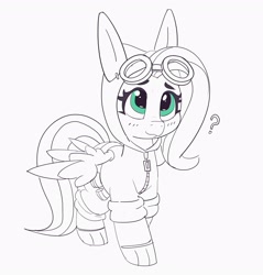 Size: 3108x3257 | Tagged: safe, artist:pabbley, character:fluttershy, species:pegasus, species:pony, bunny ears, clothing, costume, dangerous mission outfit, female, goggles, hoodie, mare, monochrome, neo noir, partial color, question mark, simple background, smiling, solo, white background