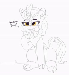 Size: 3489x3768 | Tagged: safe, artist:pabbley, character:autumn blaze, species:kirin, cloven hooves, cute, cute little fangs, dialogue, fangs, female, lidded eyes, monochrome, neo noir, open mouth, partial color, pointing, raised hoof, simple background, sitting, smiling, solo, unnecessary cuteness, white background